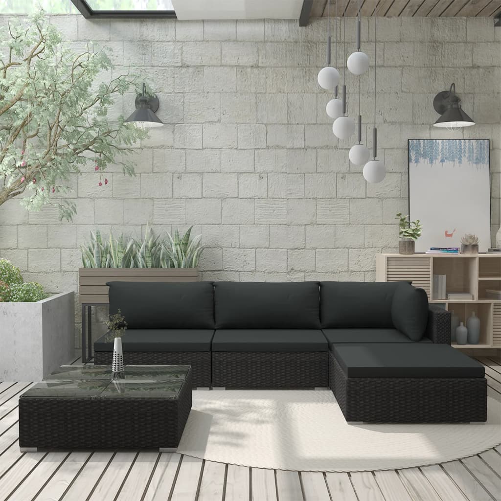 5-delige Loungeset met kussens poly rattan zwart is nu te koop bij PeponiXL, paradijselijk wonen!