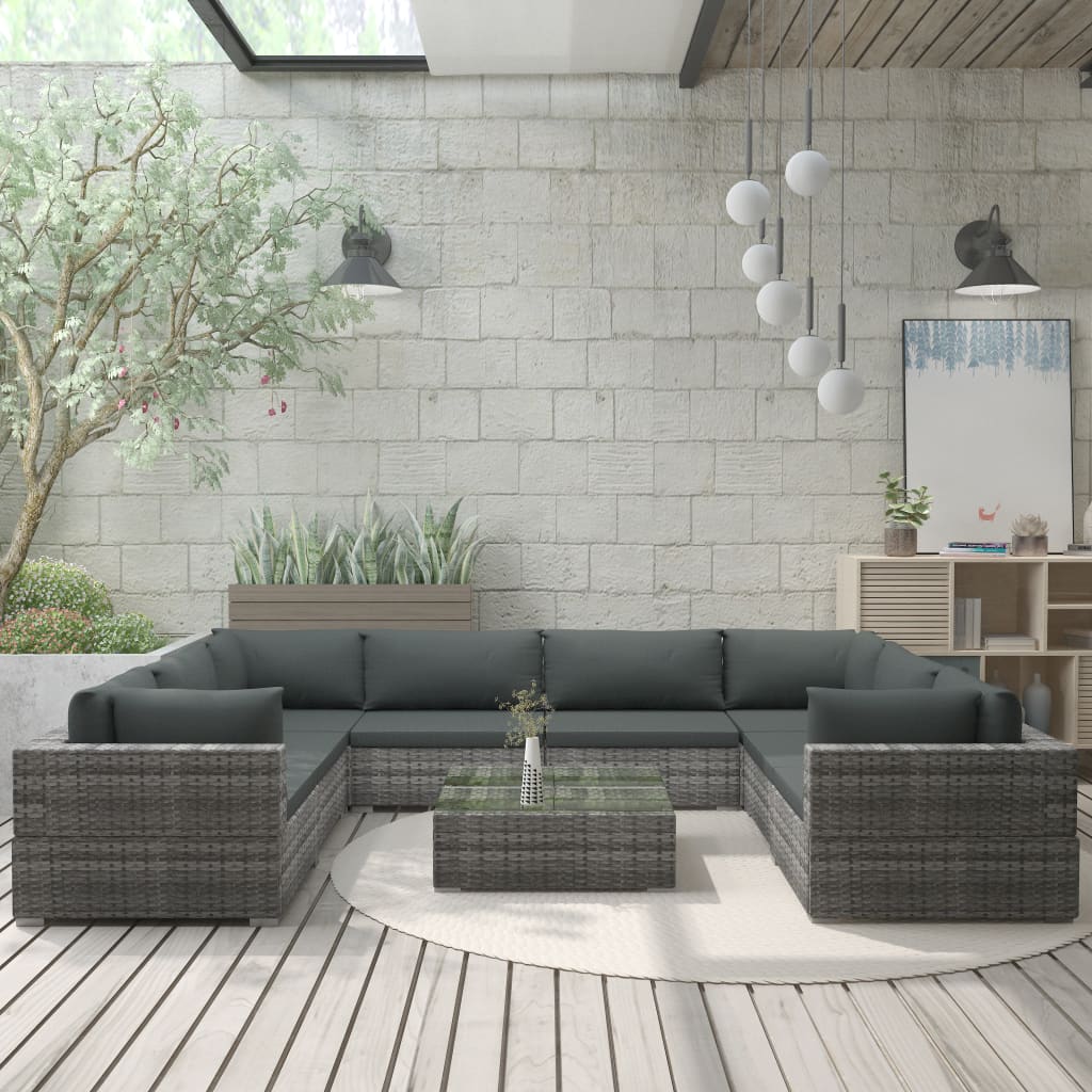 9-delige Loungeset met kussens poly rattan grijs is nu te koop bij PeponiXL, paradijselijk wonen!