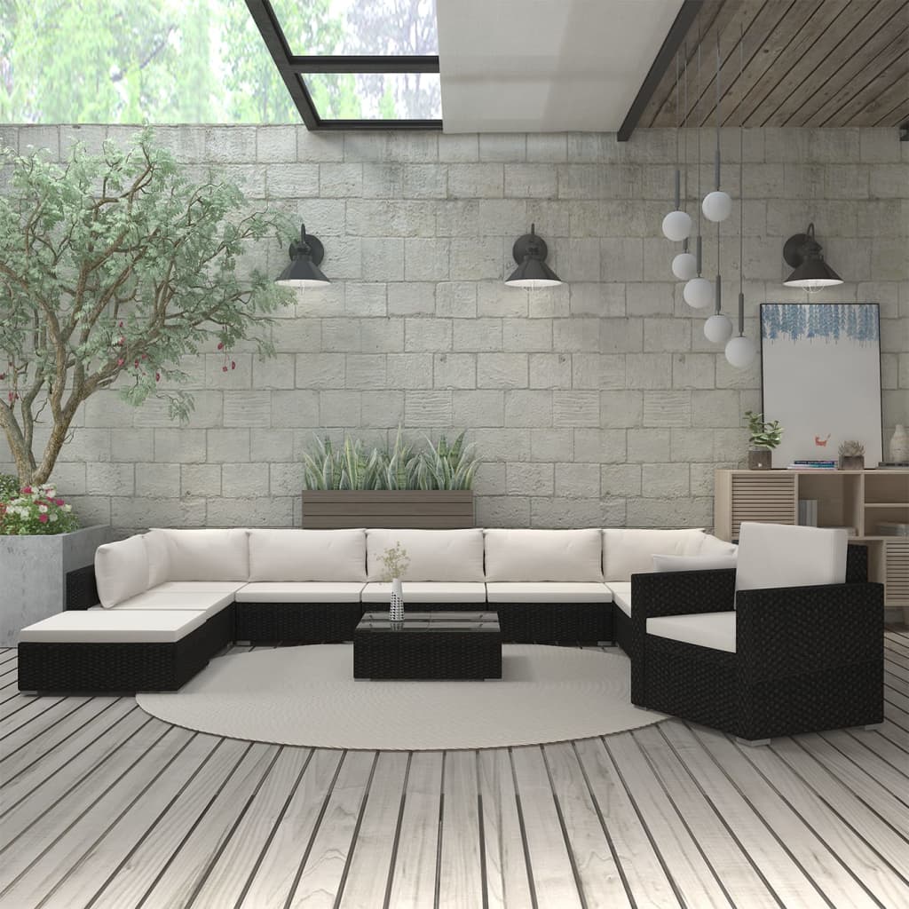 11-delige Loungeset met kussens poly rattan zwart is nu te koop bij PeponiXL, paradijselijk wonen!
