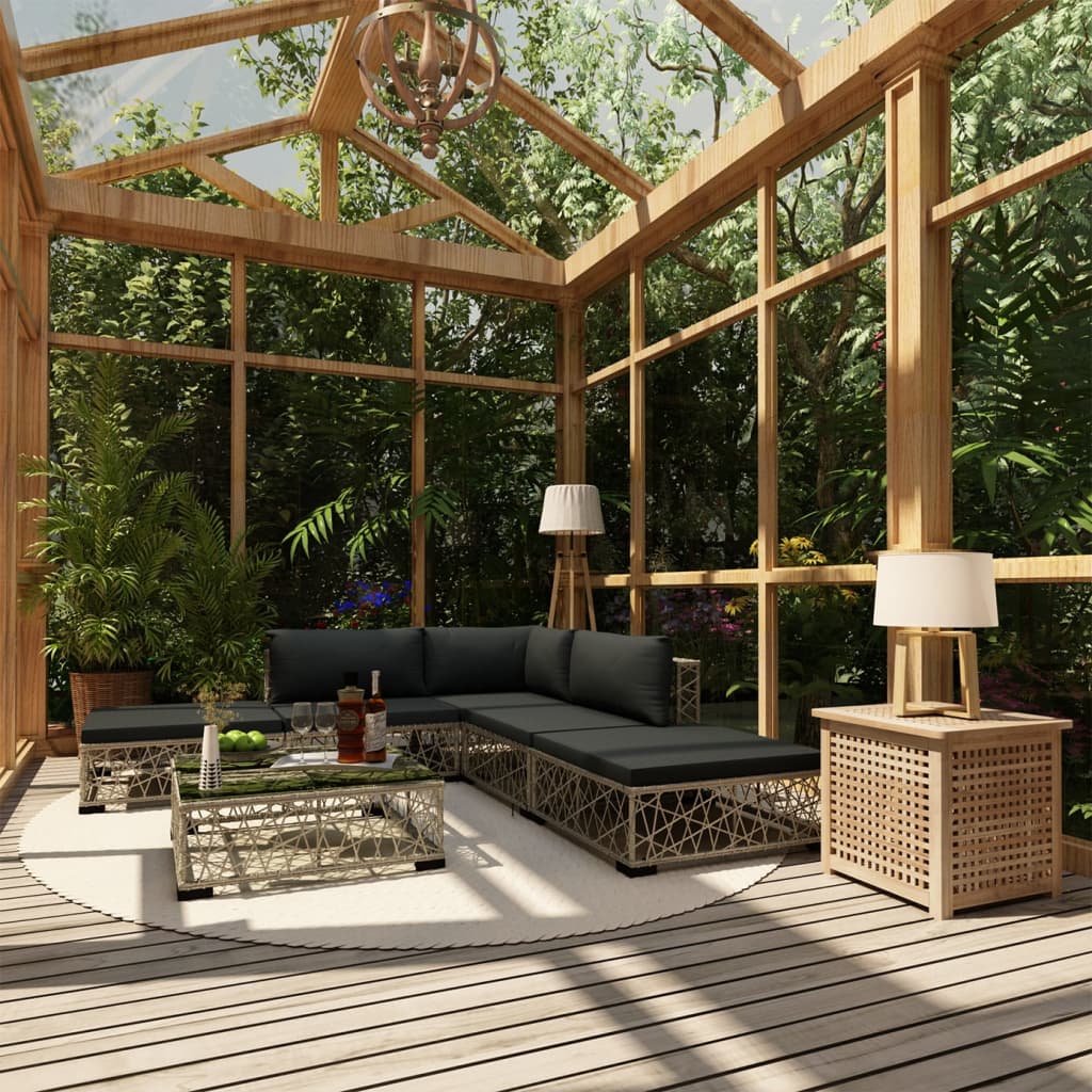 6-delige Loungeset met kussens poly rattan grijs is nu te koop bij PeponiXL, paradijselijk wonen!