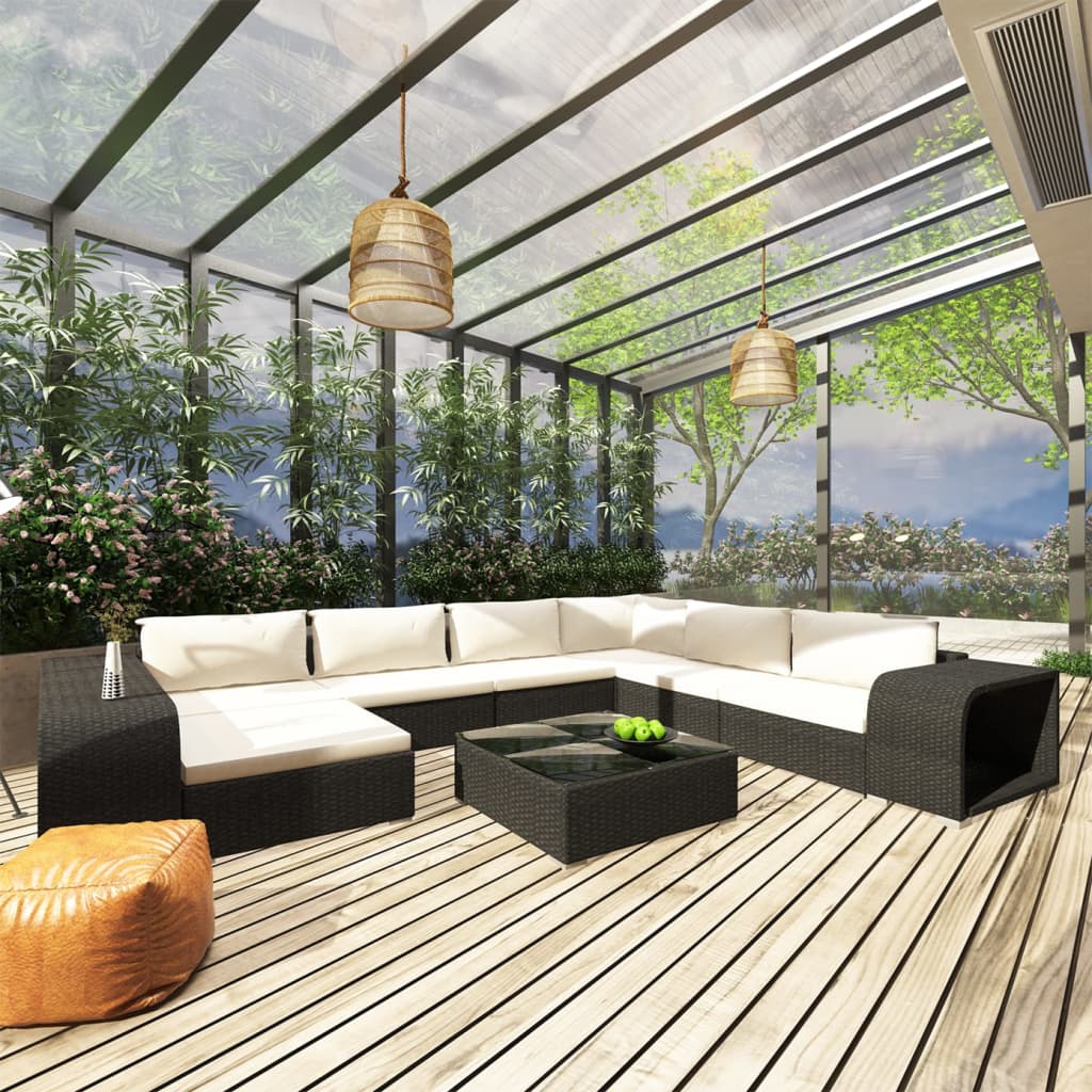 10-delige Loungeset met kussens poly rattan zwart is nu te koop bij PeponiXL, paradijselijk wonen!