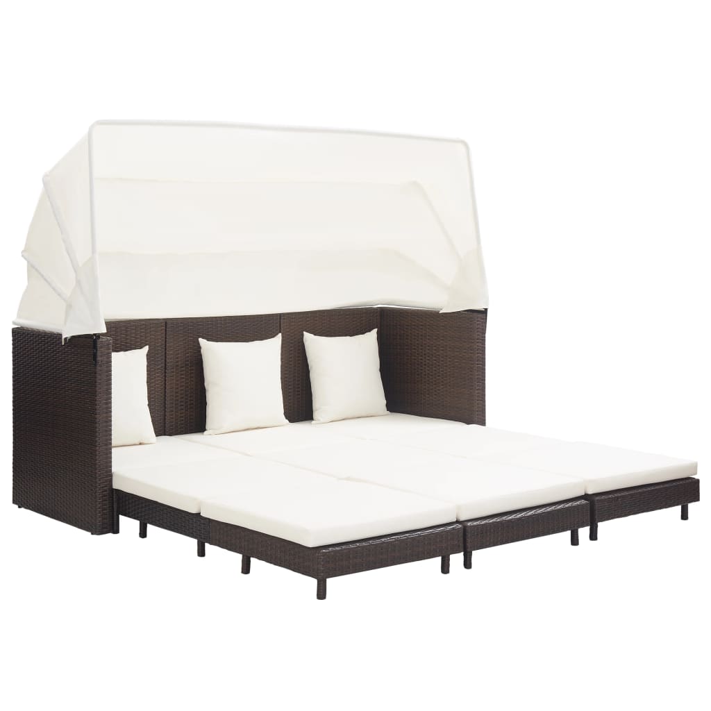 Slaapbank met luifel 3-zits verlengbaar poly rattan bruin is nu te koop bij PeponiXL, paradijselijk wonen!