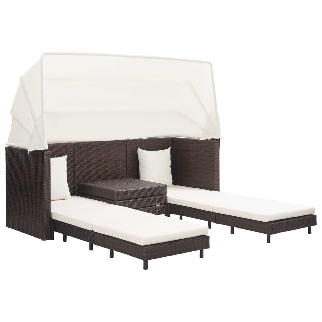 Slaapbank met luifel 3-zits verlengbaar poly rattan bruin is nu te koop bij PeponiXL, paradijselijk wonen!