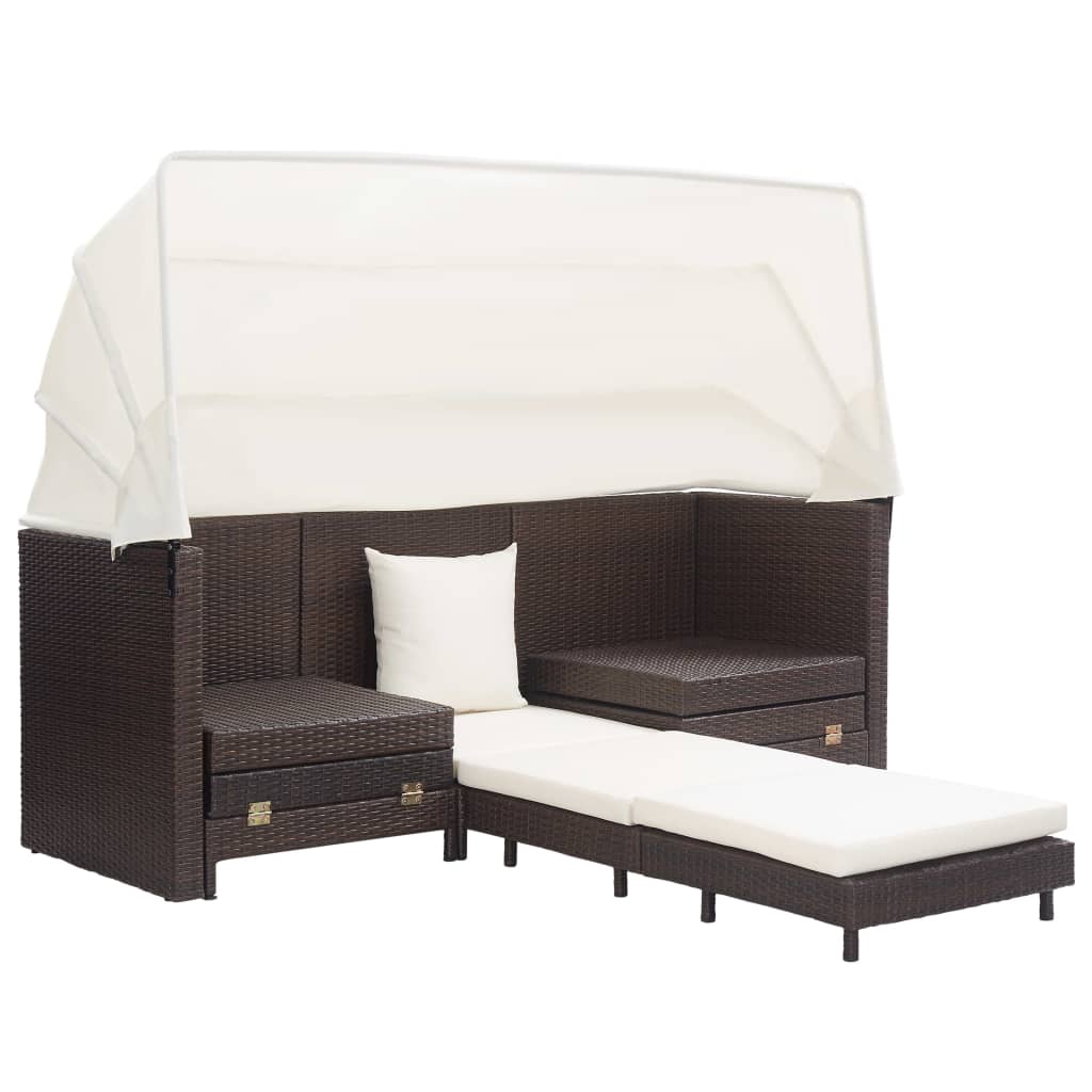 Slaapbank met luifel 3-zits verlengbaar poly rattan bruin is nu te koop bij PeponiXL, paradijselijk wonen!