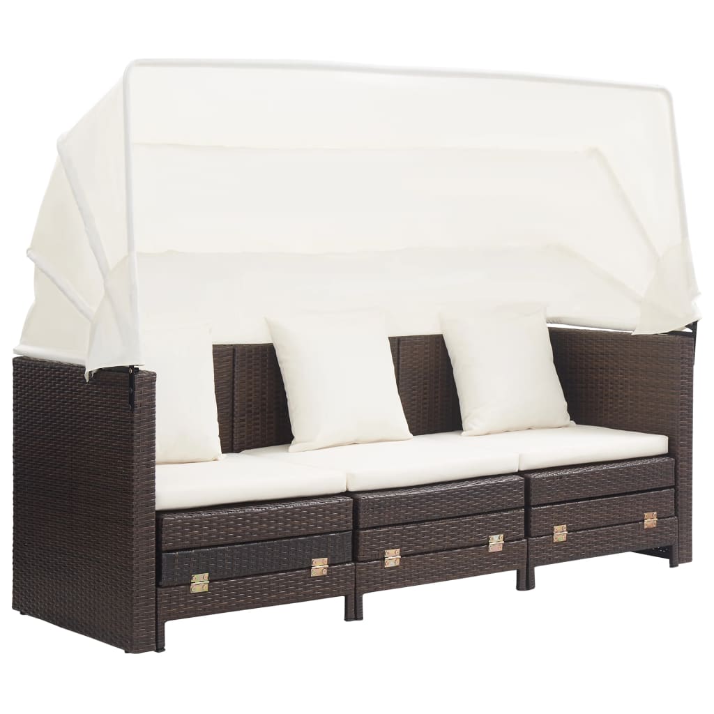 Slaapbank met luifel 3-zits verlengbaar poly rattan bruin is nu te koop bij PeponiXL, paradijselijk wonen!