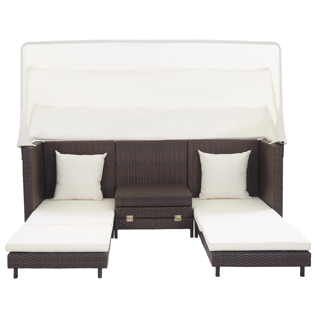Slaapbank met luifel 3-zits verlengbaar poly rattan bruin is nu te koop bij PeponiXL, paradijselijk wonen!