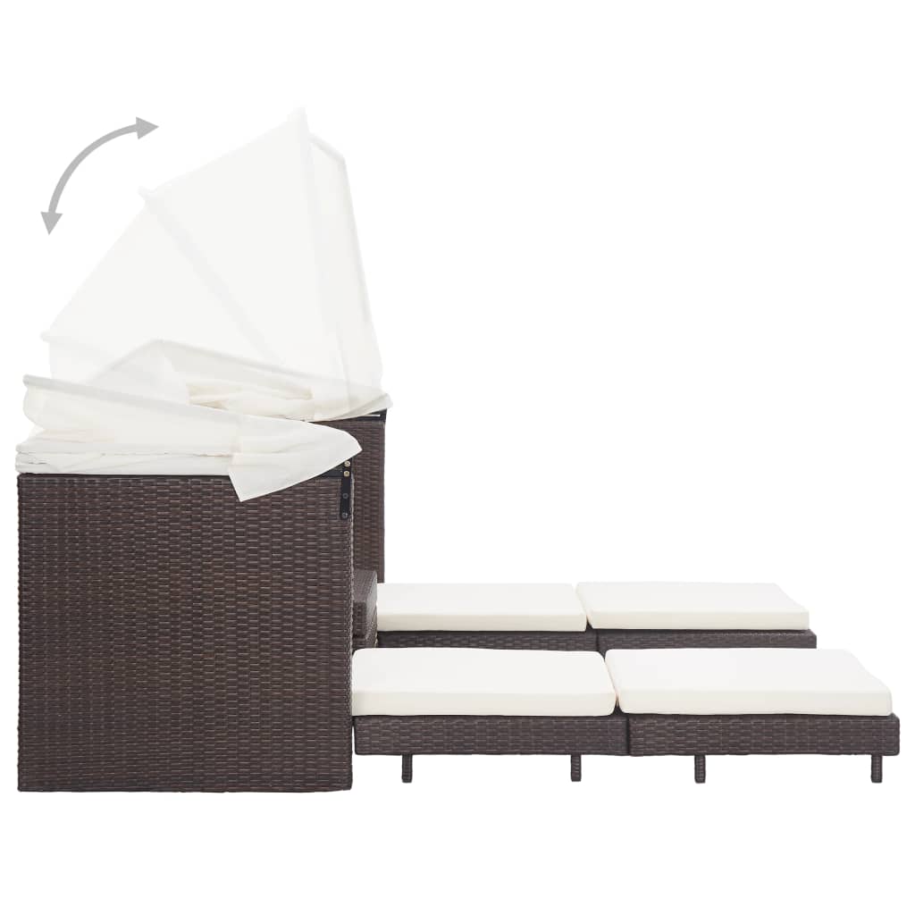 Slaapbank met luifel 3-zits verlengbaar poly rattan bruin is nu te koop bij PeponiXL, paradijselijk wonen!