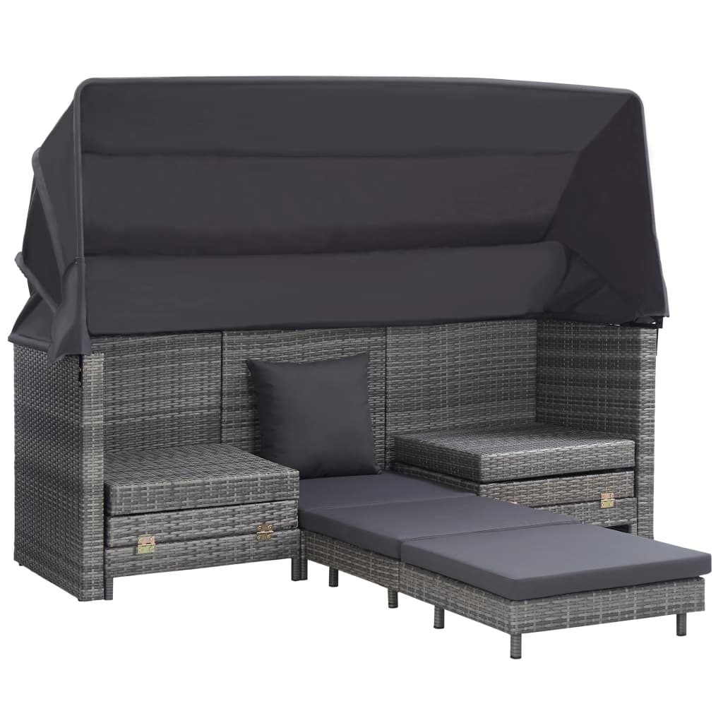 Slaapbank met luifel 3-zits verlengbaar poly rattan grijs is nu te koop bij PeponiXL, paradijselijk wonen!
