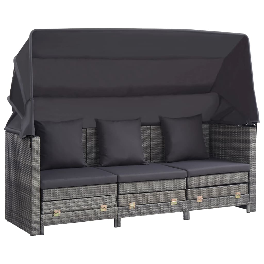 Slaapbank met luifel 3-zits verlengbaar poly rattan grijs is nu te koop bij PeponiXL, paradijselijk wonen!