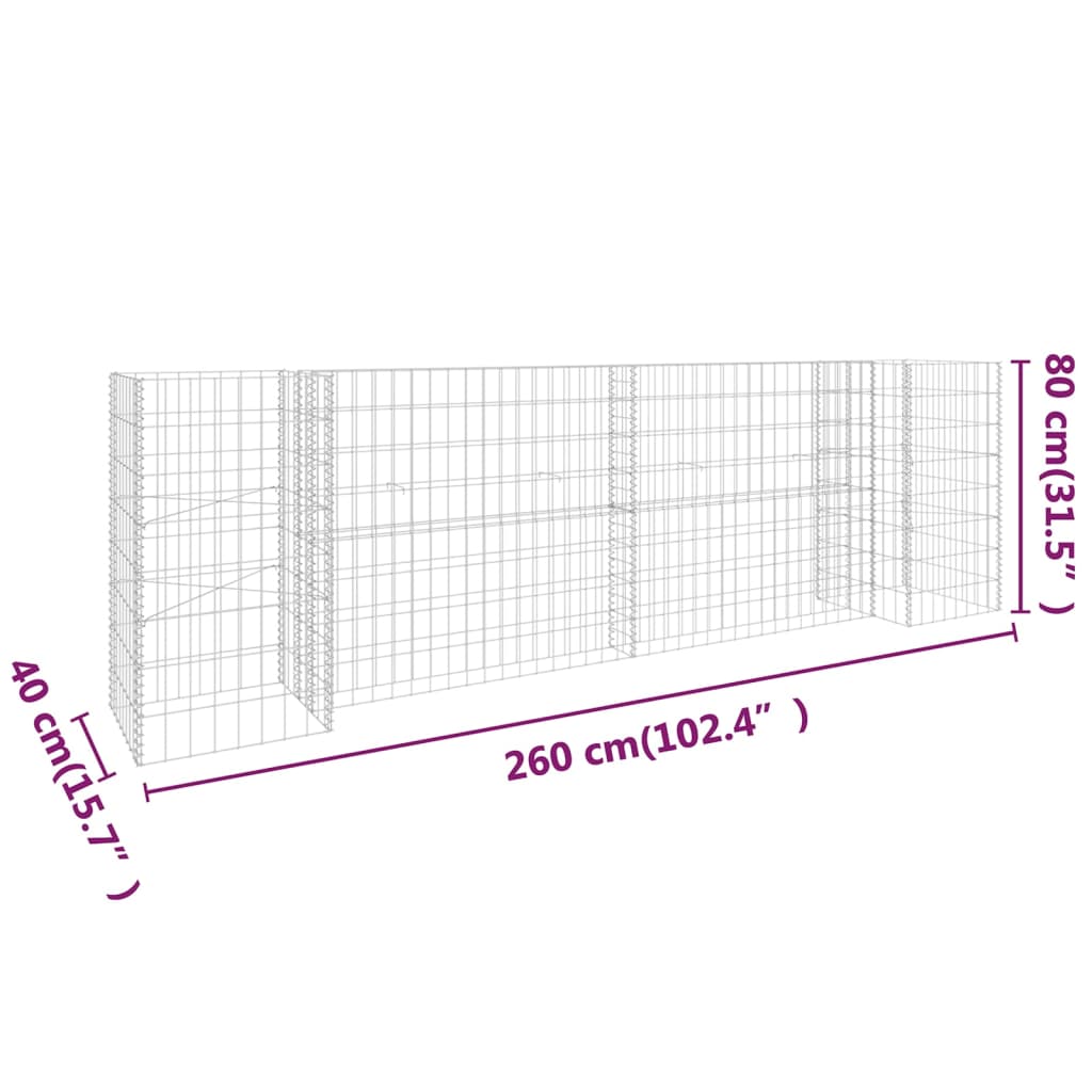 Gabion plantenbak H-vormig 260x40x80 cm staaldraad is nu te koop bij PeponiXL, paradijselijk wonen!