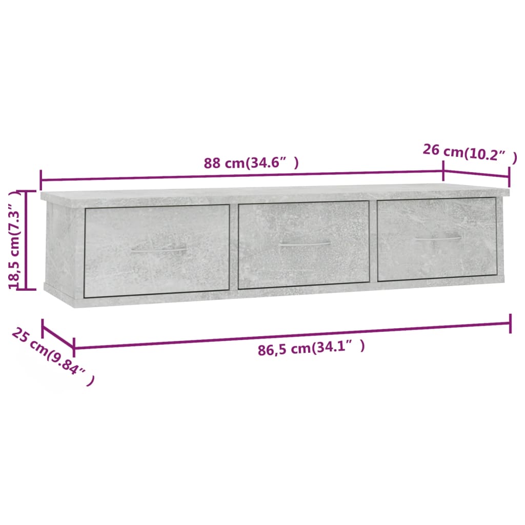 Wandschap met lades 88x26x18,5 cm bewerkt hout betongrijs is nu te koop bij PeponiXL, paradijselijk wonen!
