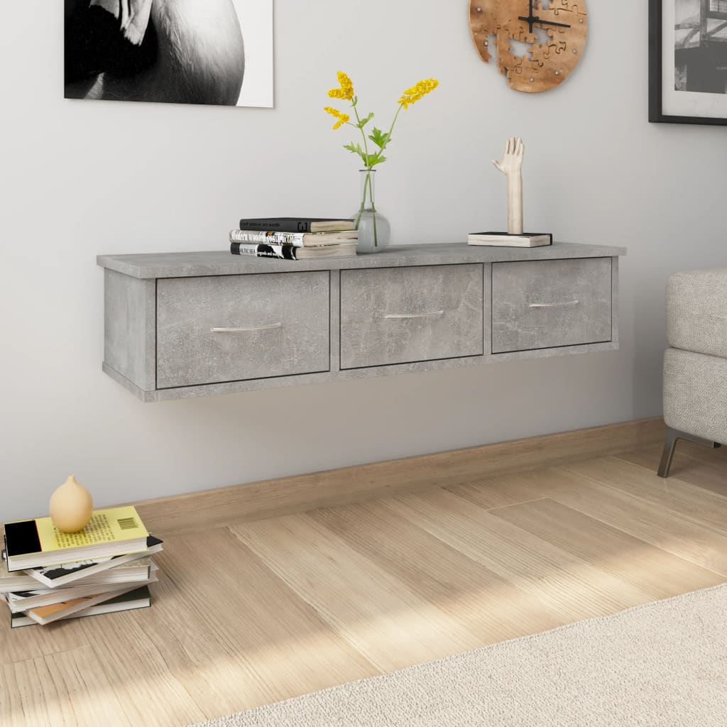 Wandschap met lades 88x26x18,5 cm bewerkt hout betongrijs is nu te koop bij PeponiXL, paradijselijk wonen!
