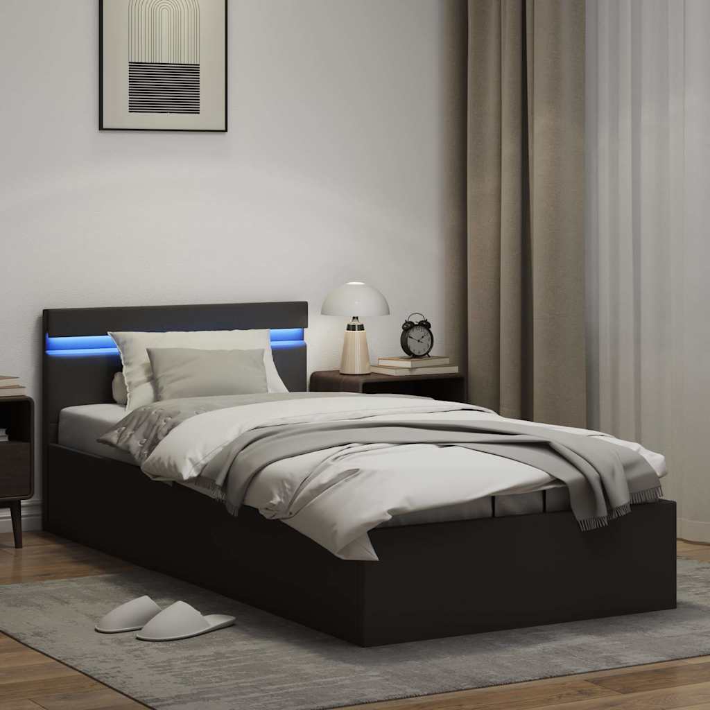 Bedframe met opslag hydraulisch LED kunstleer zwart 90x200 cm is nu te koop bij PeponiXL, paradijselijk wonen!