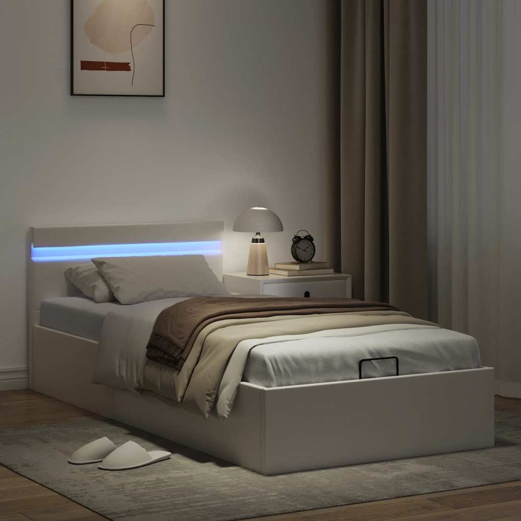 Bedframe met opslag hydraulisch LED kunstleer wit 90x200 cm is nu te koop bij PeponiXL, paradijselijk wonen!