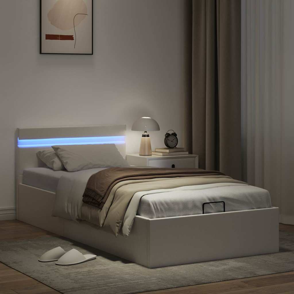 Bedframe met opslag hydraulisch LED kunstleer wit 100x200 cm is nu te koop bij PeponiXL, paradijselijk wonen!