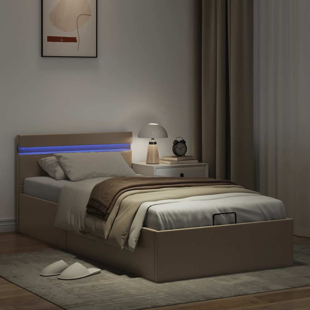 Bedframe met opslag en LED kunstleer cappuccino 100x200 cm is nu te koop bij PeponiXL, paradijselijk wonen!