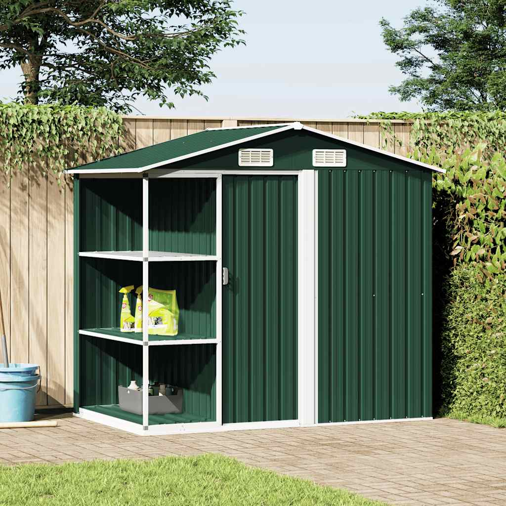 Tuinschuur met rek 205x130x183 cm ijzer groen is nu te koop bij PeponiXL, paradijselijk wonen!