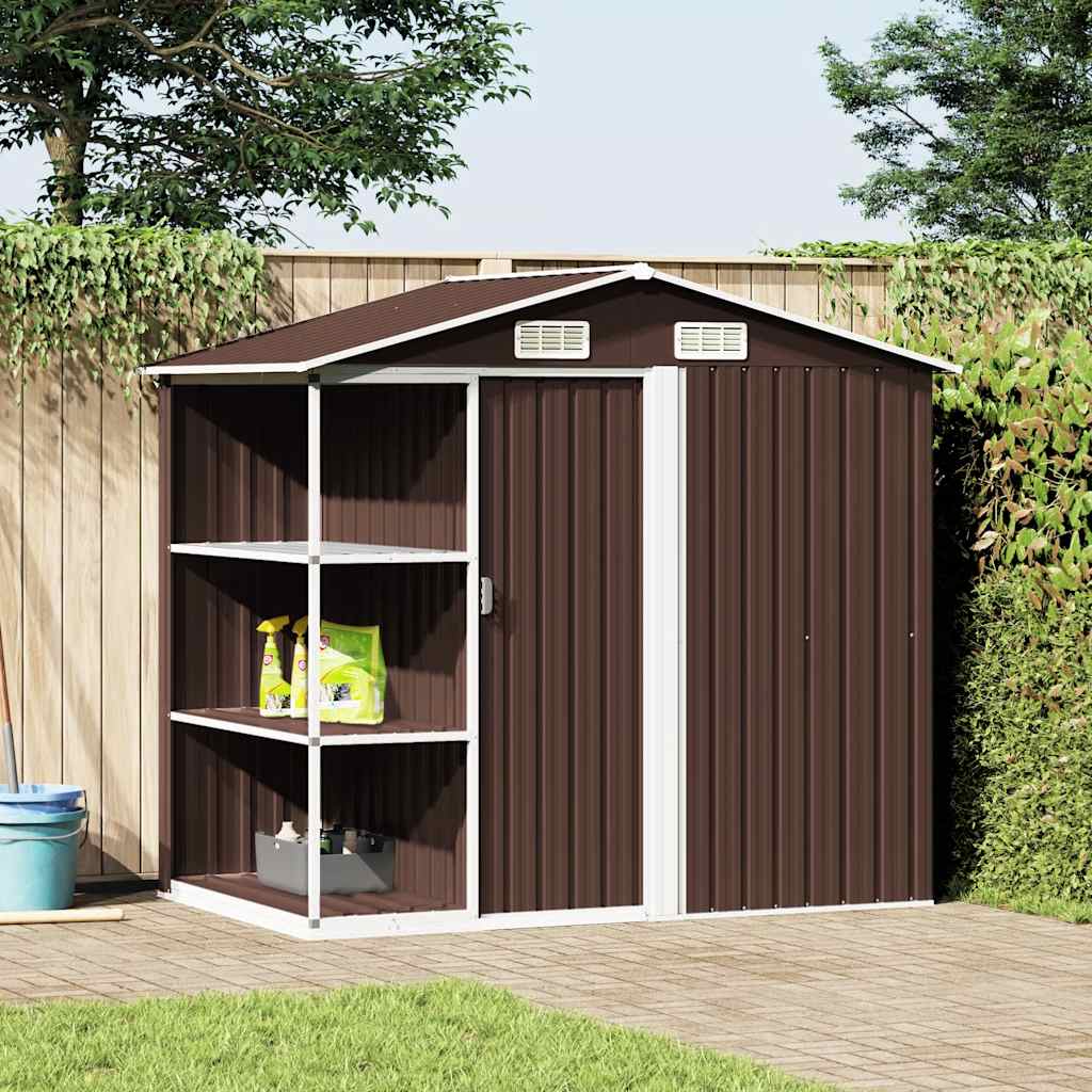 Tuinschuur met rek 205x130x183 cm ijzer bruin is nu te koop bij PeponiXL, paradijselijk wonen!