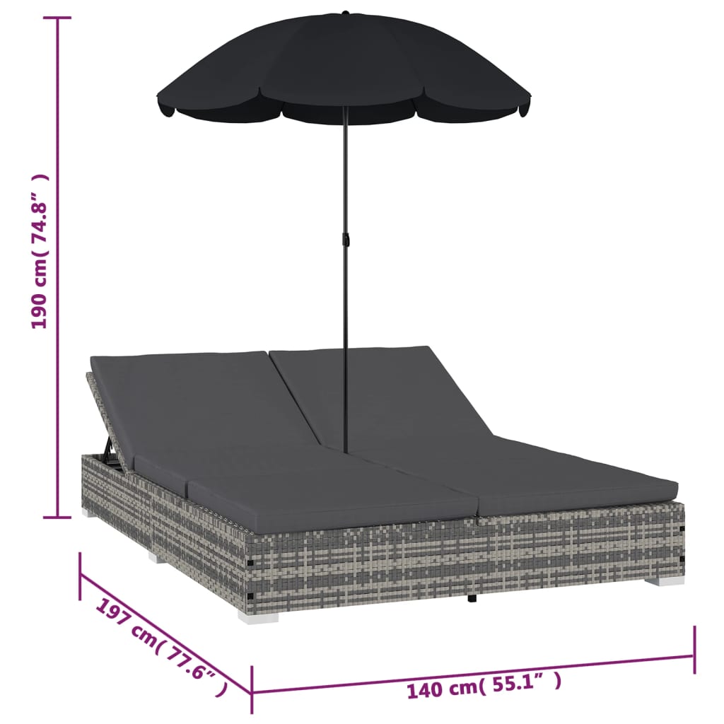 Loungebed met parasol poly rattan grijs is nu te koop bij PeponiXL, paradijselijk wonen!