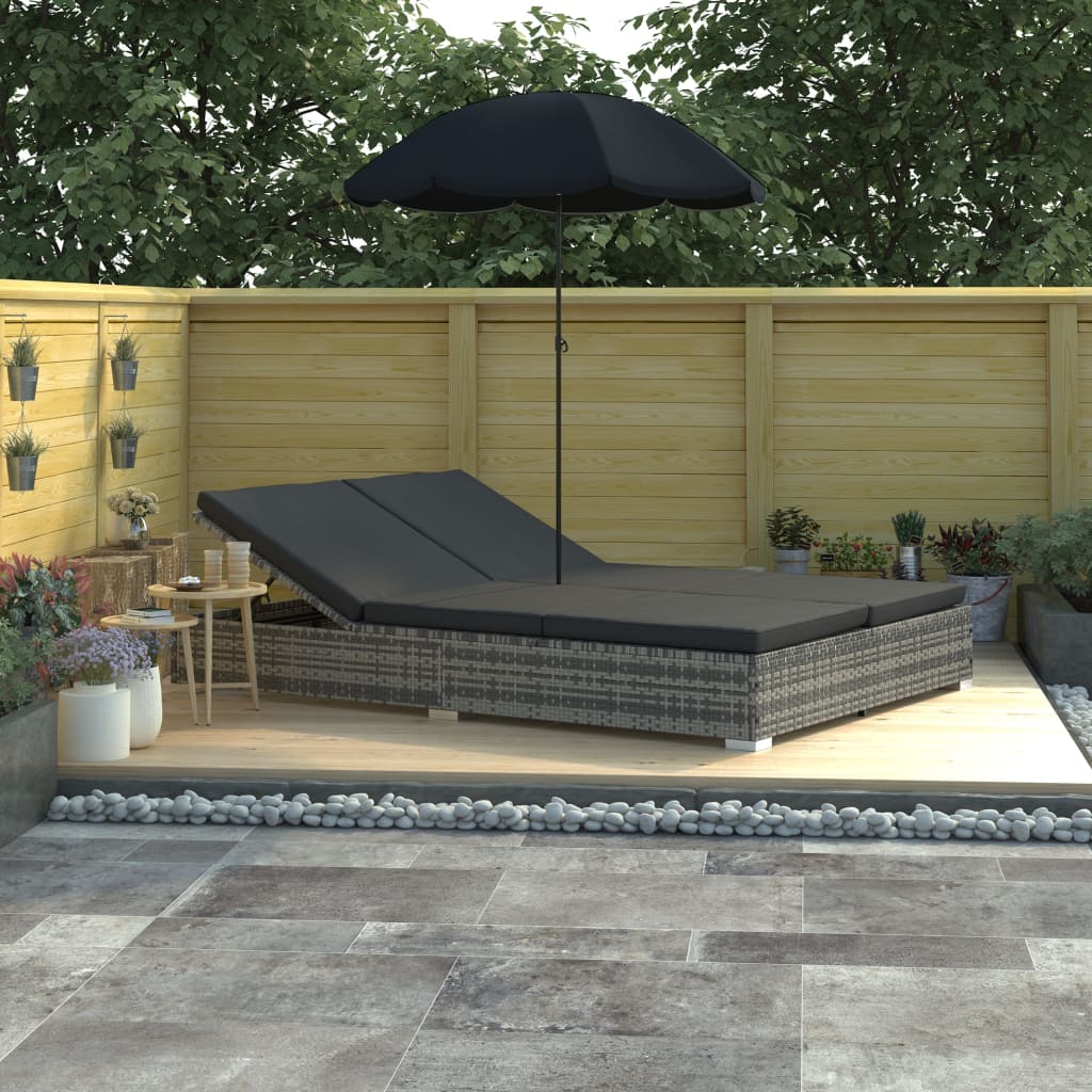 Loungebed met parasol poly rattan grijs is nu te koop bij PeponiXL, paradijselijk wonen!