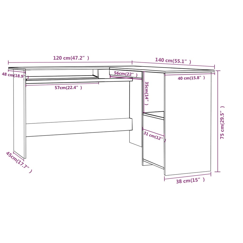 Hoekbureau L-vormig 120x140x75 cm bewerkt hout hoogglans zwart is nu te koop bij PeponiXL, paradijselijk wonen!