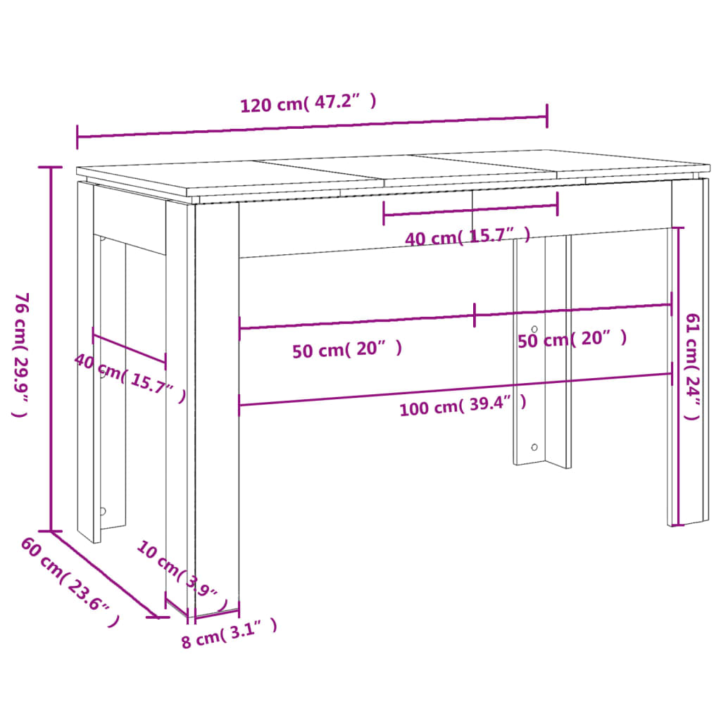 Eettafel 120x60x76 cm bewerkt hout hoogglans wit is nu te koop bij PeponiXL, paradijselijk wonen!