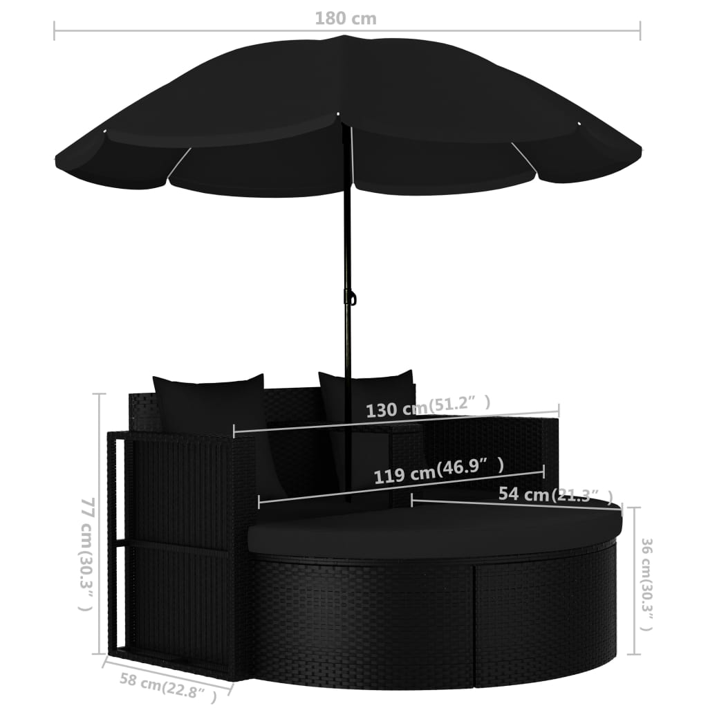 Tuinbed met parasol poly rattan zwart is nu te koop bij PeponiXL, paradijselijk wonen!