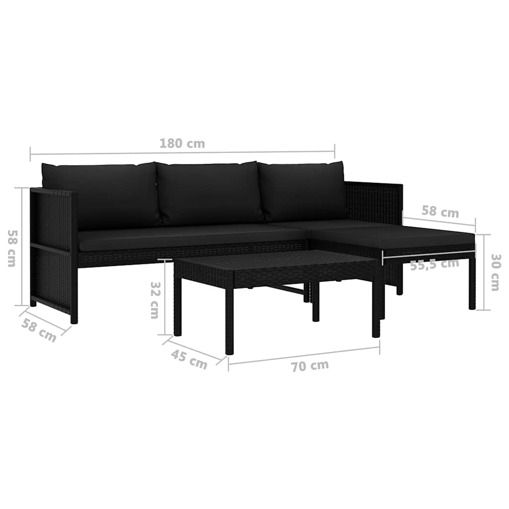 3-delige Loungeset met kussens poly rattan zwart is nu te koop bij PeponiXL, paradijselijk wonen!