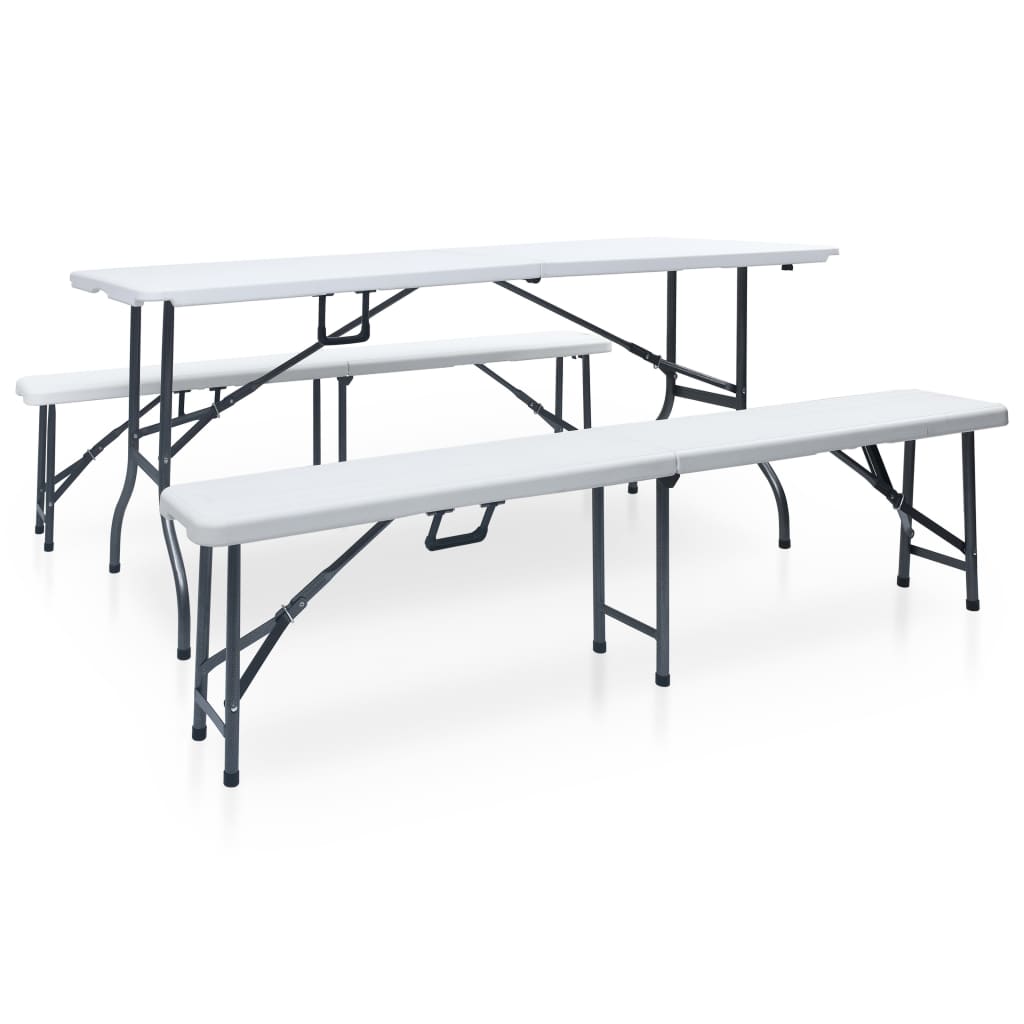 Tuintafel met 2 bankjes inklapbaar 180 cm staal en HDPE wit is nu te koop bij PeponiXL, paradijselijk wonen!