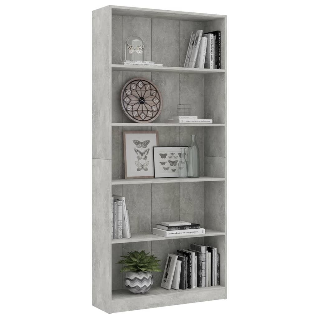 Boekenkast met 5 schappen 80x24x175 cm bewerkt hout betongrijs is nu te koop bij PeponiXL, paradijselijk wonen!