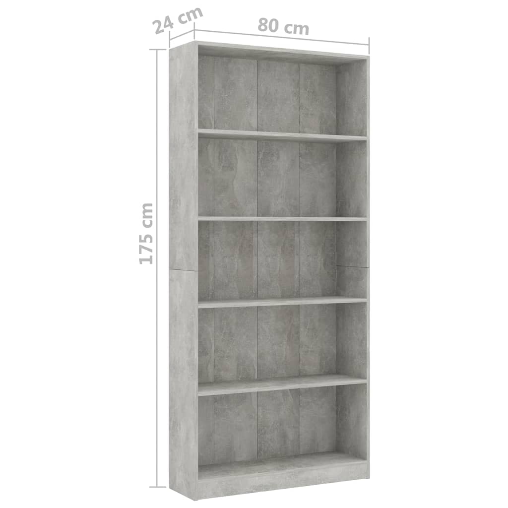 Boekenkast met 5 schappen 80x24x175 cm bewerkt hout betongrijs is nu te koop bij PeponiXL, paradijselijk wonen!