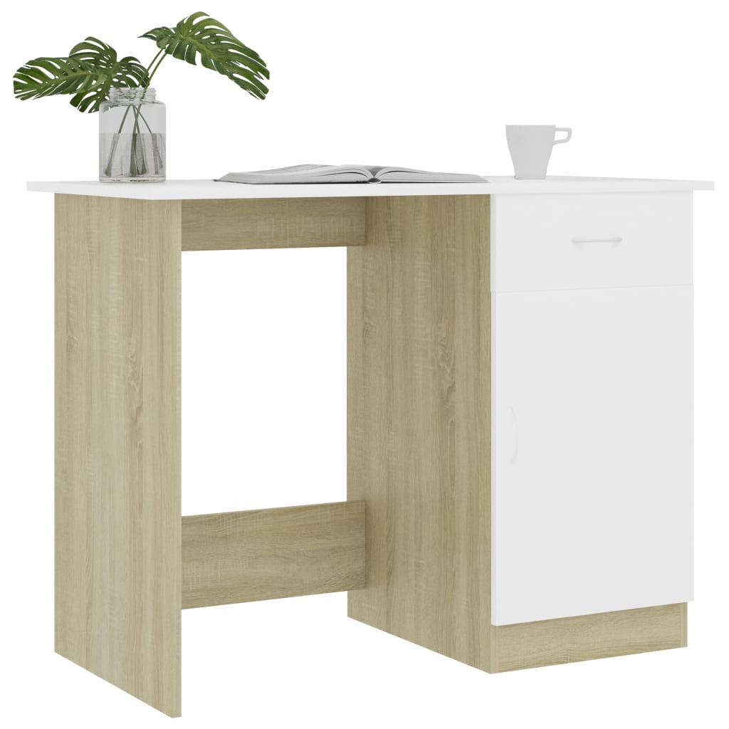 Bureau 100x50x76 cm bewerkt hout wit en sonoma eikenkleurig