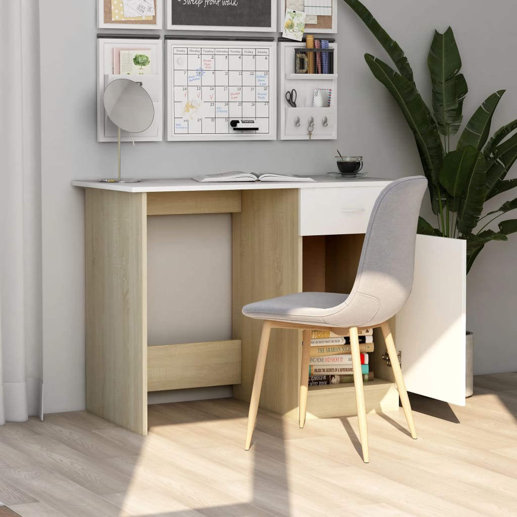 Bureau 100x50x76 cm bewerkt hout wit en sonoma eikenkleurig