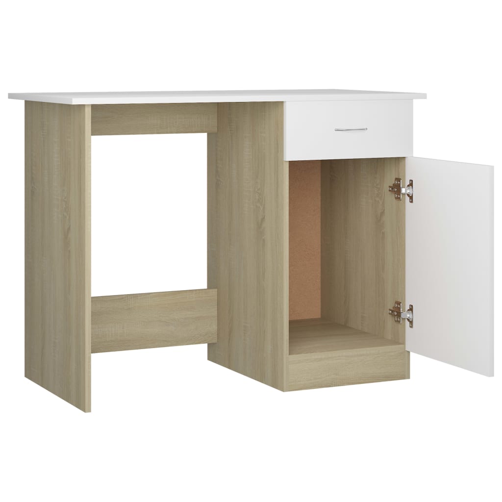 Bureau 100x50x76 cm bewerkt hout wit en sonoma eikenkleurig