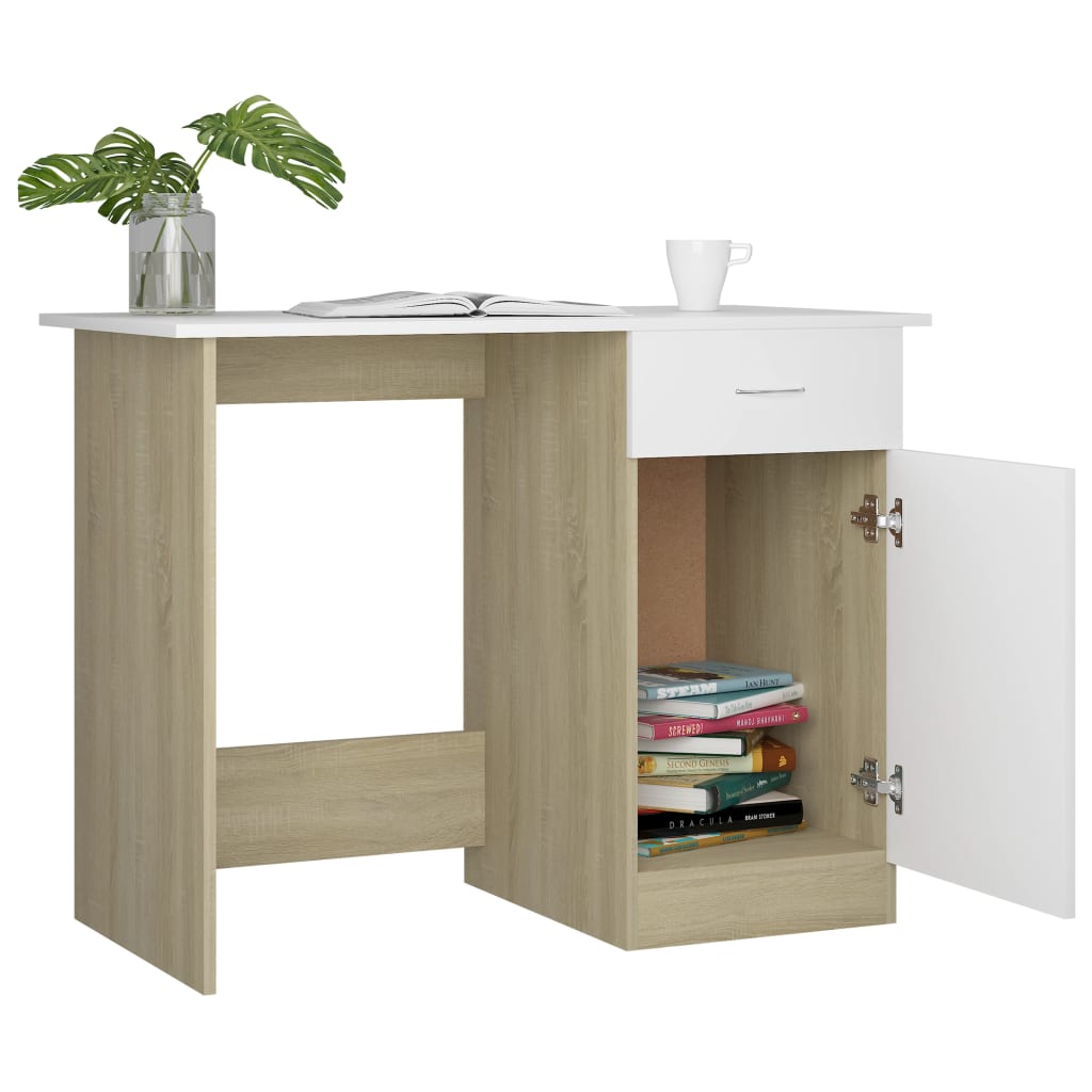 Bureau 100x50x76 cm bewerkt hout wit en sonoma eikenkleurig
