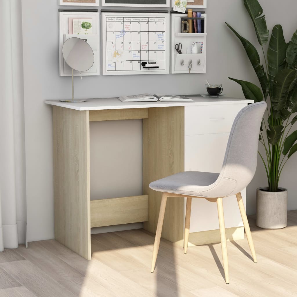 Bureau 100x50x76 cm bewerkt hout wit en sonoma eikenkleurig