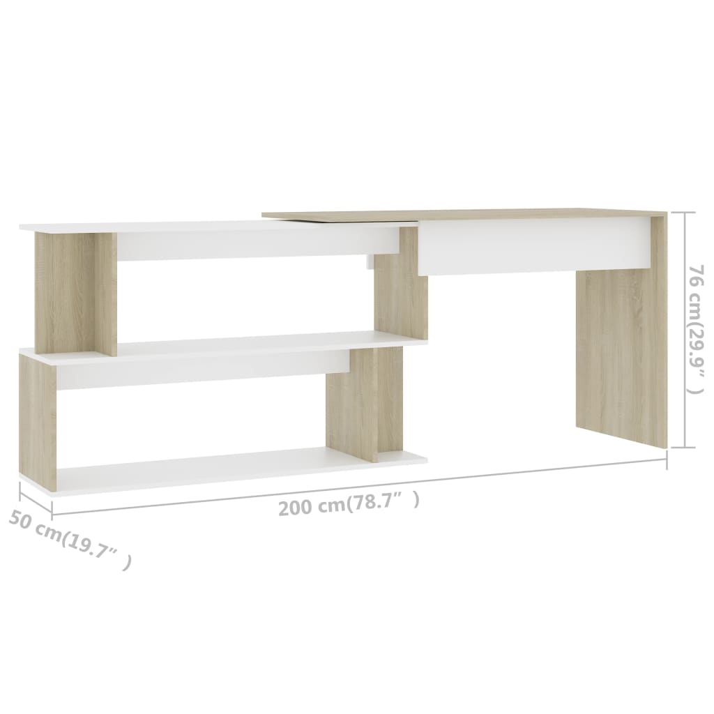 Hoekbureau 200x50x76 cm bewerkt hout wit en sonoma eikenkleurig is nu te koop bij PeponiXL, paradijselijk wonen!