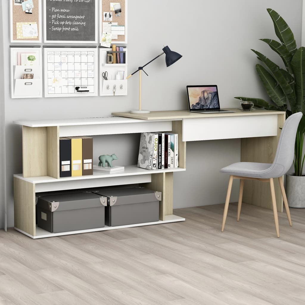 Hoekbureau 200x50x76 cm bewerkt hout wit en sonoma eikenkleurig is nu te koop bij PeponiXL, paradijselijk wonen!