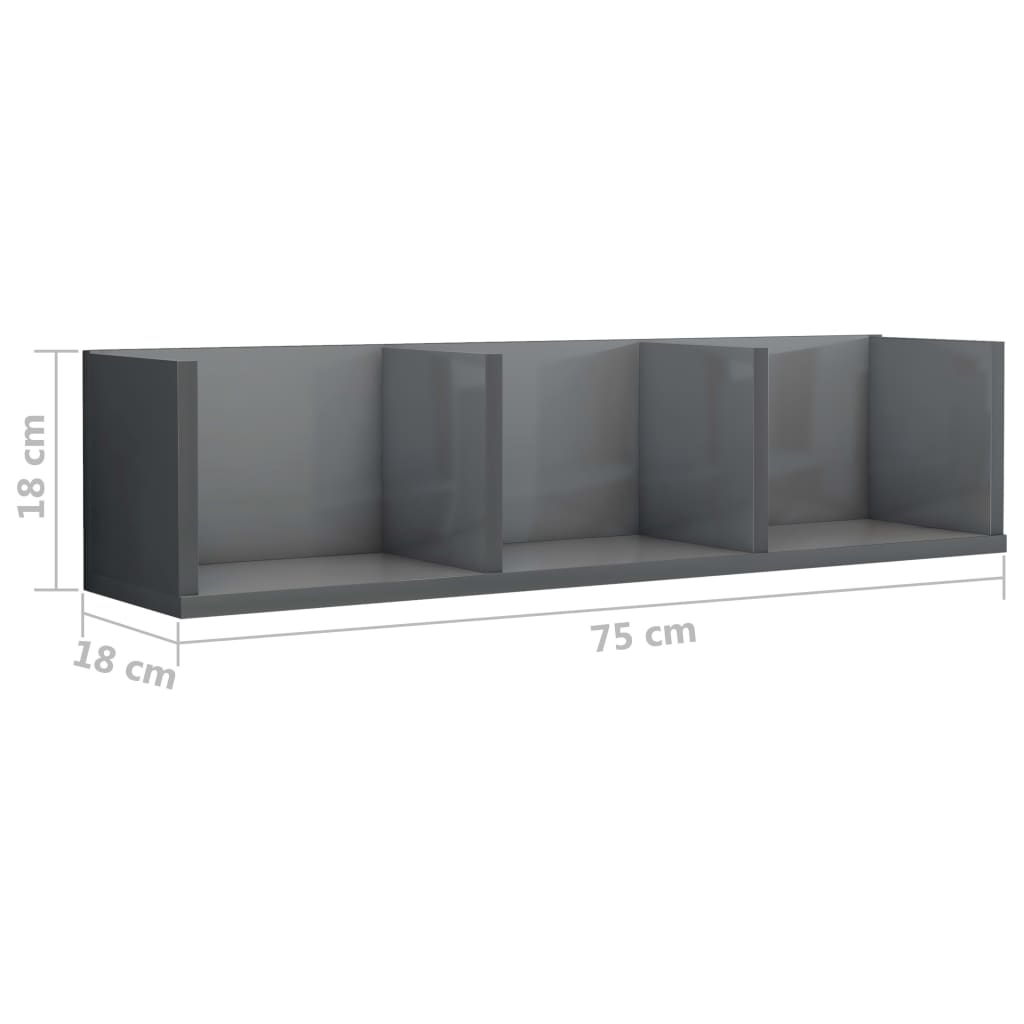 Cd-wandschap 75x18x18 cm bewerkt hout hoogglans grijs