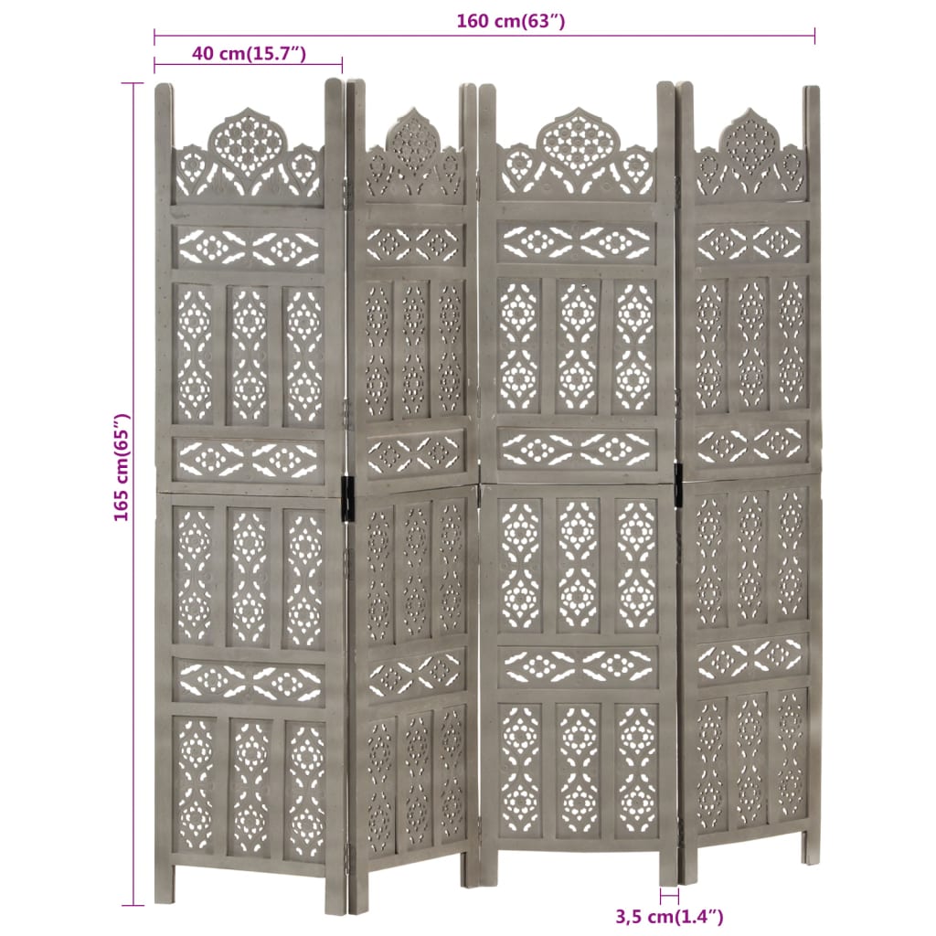 Kamerscherm 4 panelen handgesneden 160x165 cm mangohout grijs is nu te koop bij PeponiXL, paradijselijk wonen!