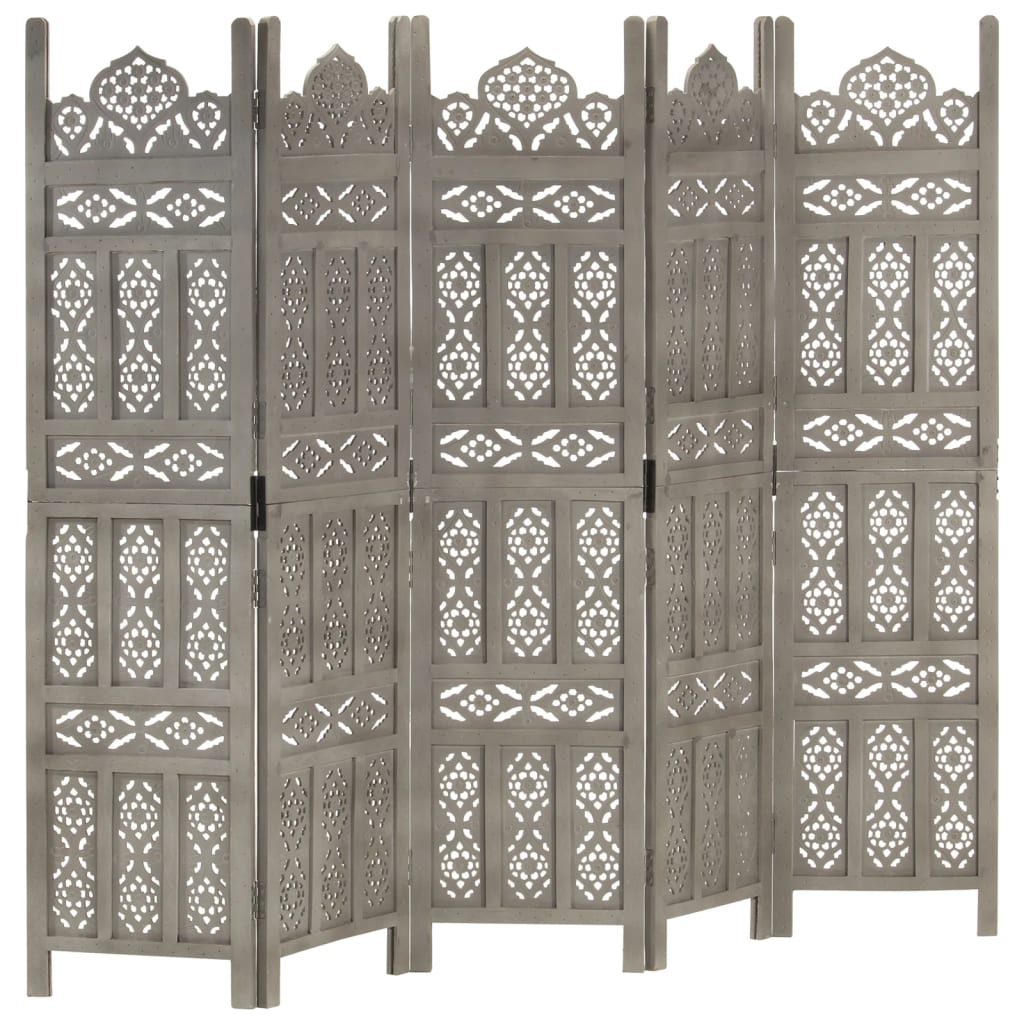 Kamerscherm 5 panelen handgesneden 200x165 cm mangohout grijs is nu te koop bij PeponiXL, paradijselijk wonen!
