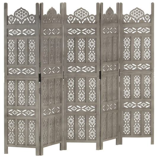 Kamerscherm 5 panelen handgesneden 200x165 cm mangohout grijs is nu te koop bij PeponiXL, paradijselijk wonen!