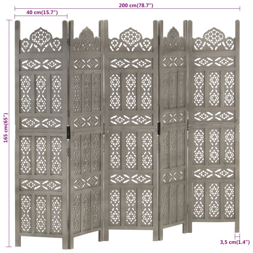 Kamerscherm 5 panelen handgesneden 200x165 cm mangohout grijs is nu te koop bij PeponiXL, paradijselijk wonen!