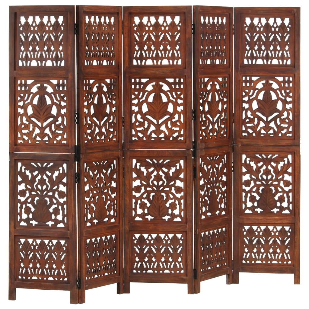Kamerscherm 5 panelen handgesneden 200x165 cm mangohout bruin is nu te koop bij PeponiXL, paradijselijk wonen!