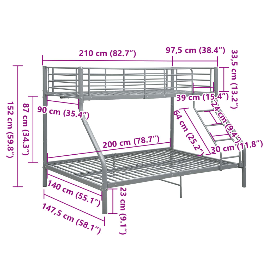 Stapelbedframe metaal grijs 140x200 cm/90x200 cm is nu te koop bij PeponiXL, paradijselijk wonen!