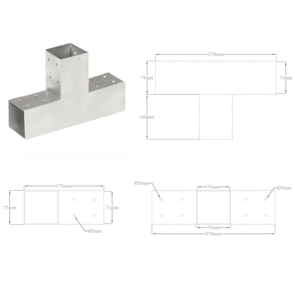 Paalverbindingen 4 st T-vorm 71x71 mm gegalvaniseerd metaal is nu te koop bij PeponiXL, paradijselijk wonen!