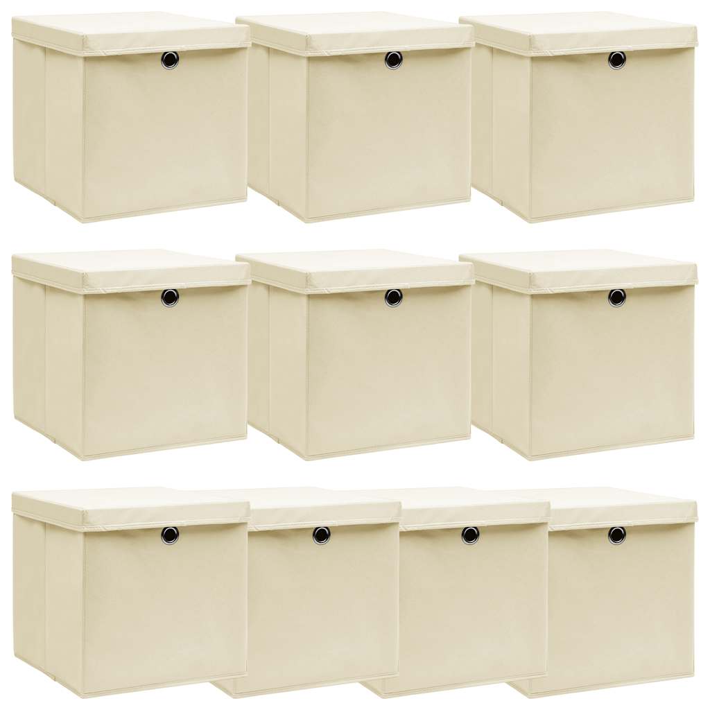Opbergboxen met deksel 10 st 32x32x32 cm stof crèmekleurig is nu te koop bij PeponiXL, paradijselijk wonen!