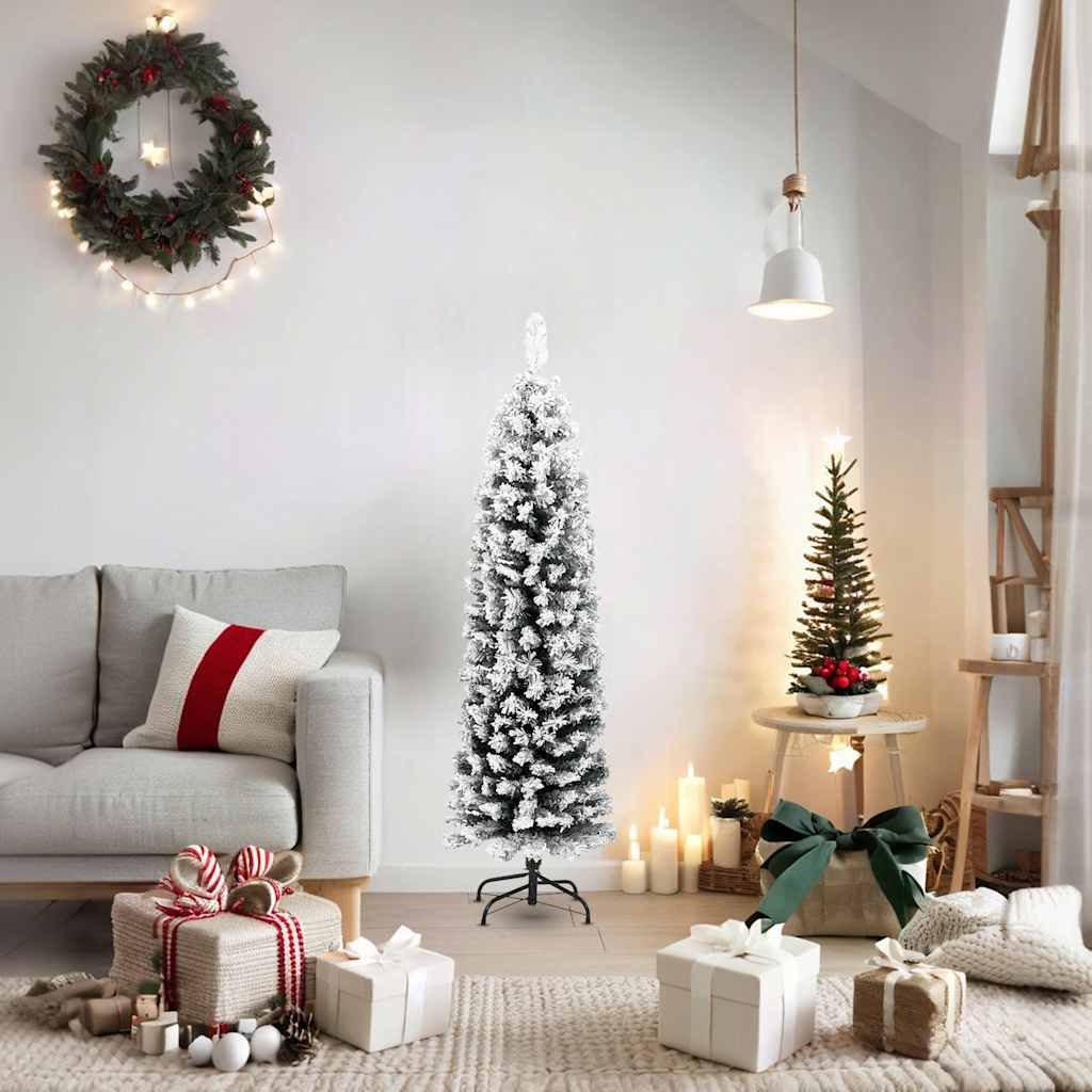 Kunstkerstboom met sneeuw smal 150 cm PVC groen is nu te koop bij PeponiXL, paradijselijk wonen!