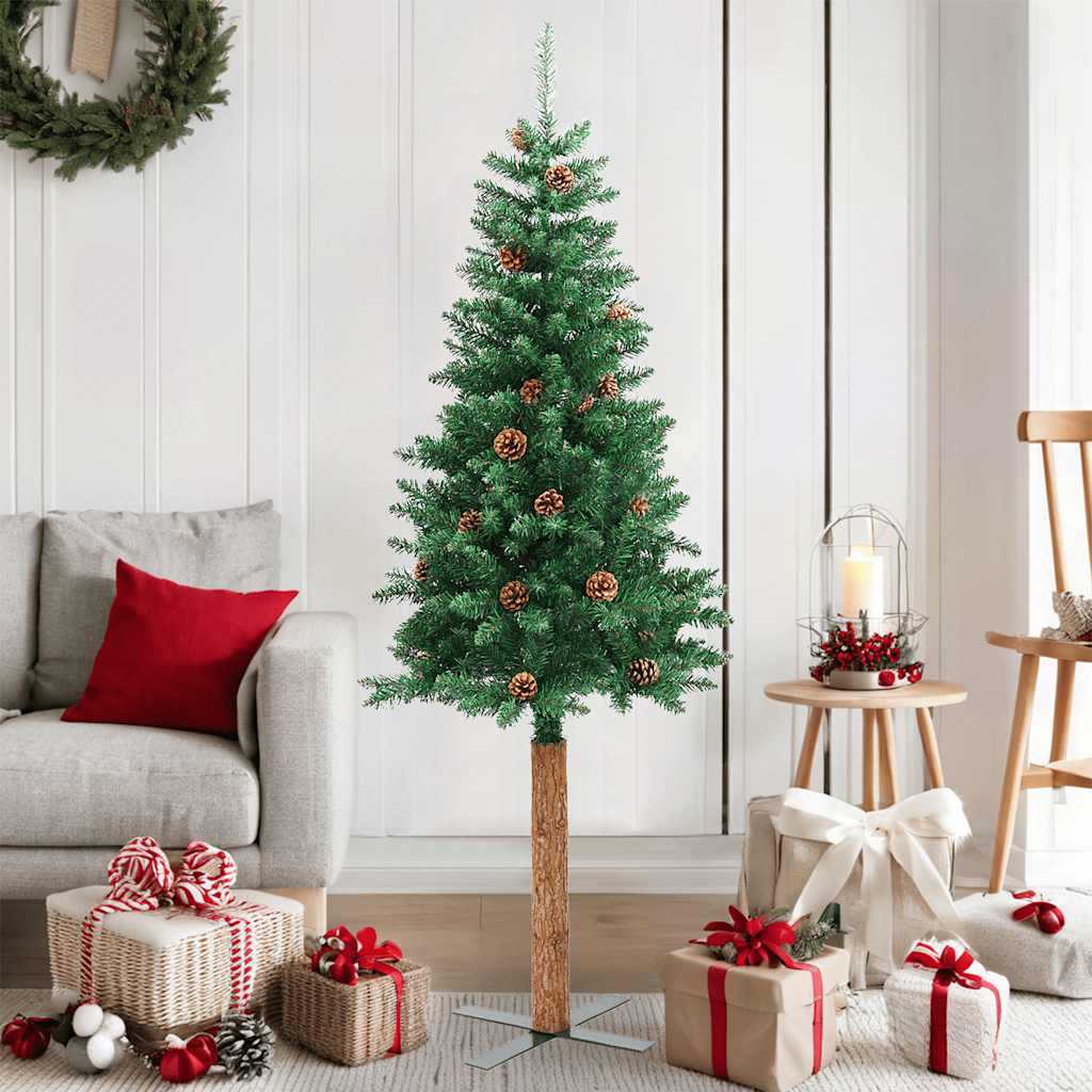 Kerstboom met echt hout en dennenappels smal 150 cm PVC groen is nu te koop bij PeponiXL, paradijselijk wonen!