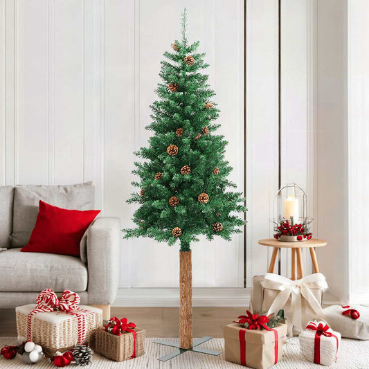 Kerstboom met echt hout en dennenappels smal 180 cm PVC groen is nu te koop bij PeponiXL, paradijselijk wonen!